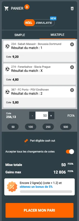 Coupon de paris Congo Bet avec un pari multiple de trois matchs, mise de 50 FCFA et gain maximum affiché