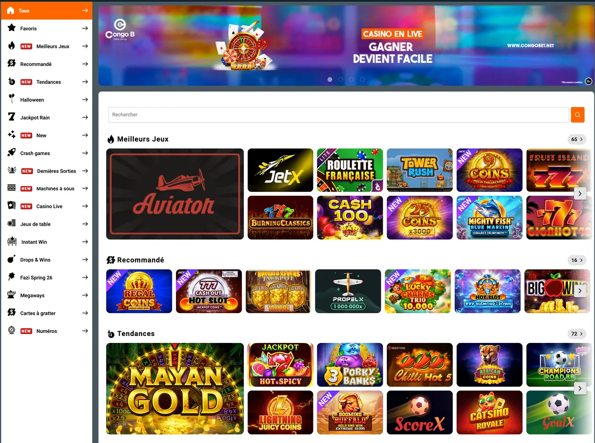 Lobby du casino Congo Bet avec le menu des catégories, la recherche et les rangées de jeux