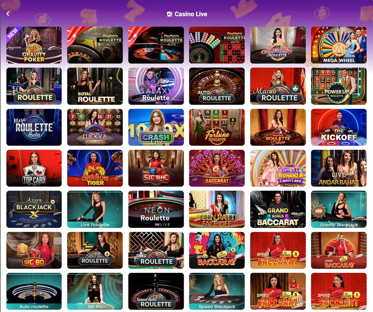 Grille des tables du casino en direct : roulette, baccarat, blackjack, Sic Bo et jeux télévisés