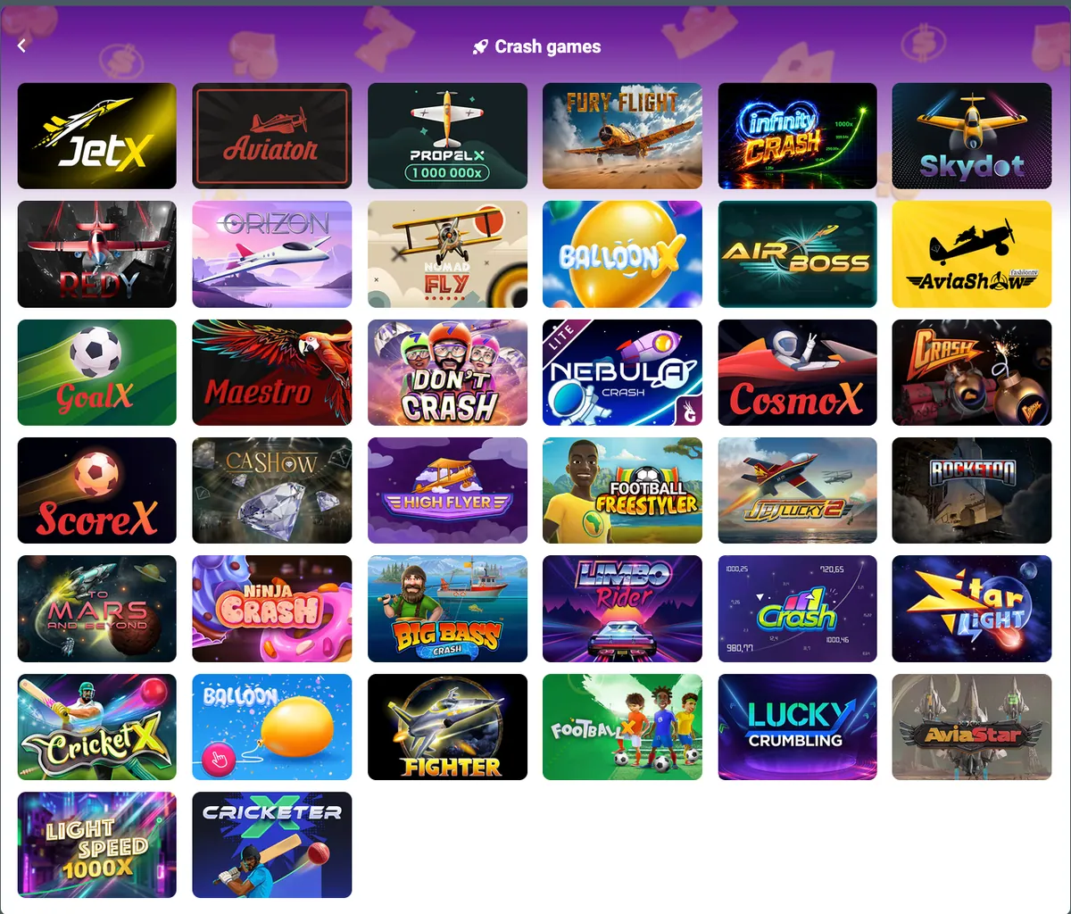 Rubrique Crash games du casino Congo Bet avec Aviator, JetX, PropelX et Balloon X