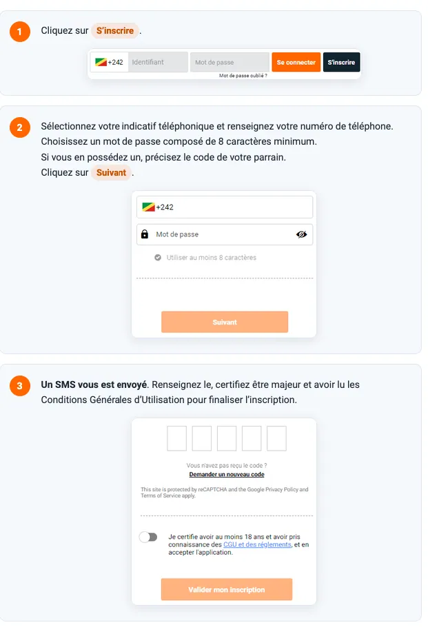 Les trois étapes du formulaire d'inscription Congo Bet : bouton S'inscrire, numéro et mot de passe, code SMS