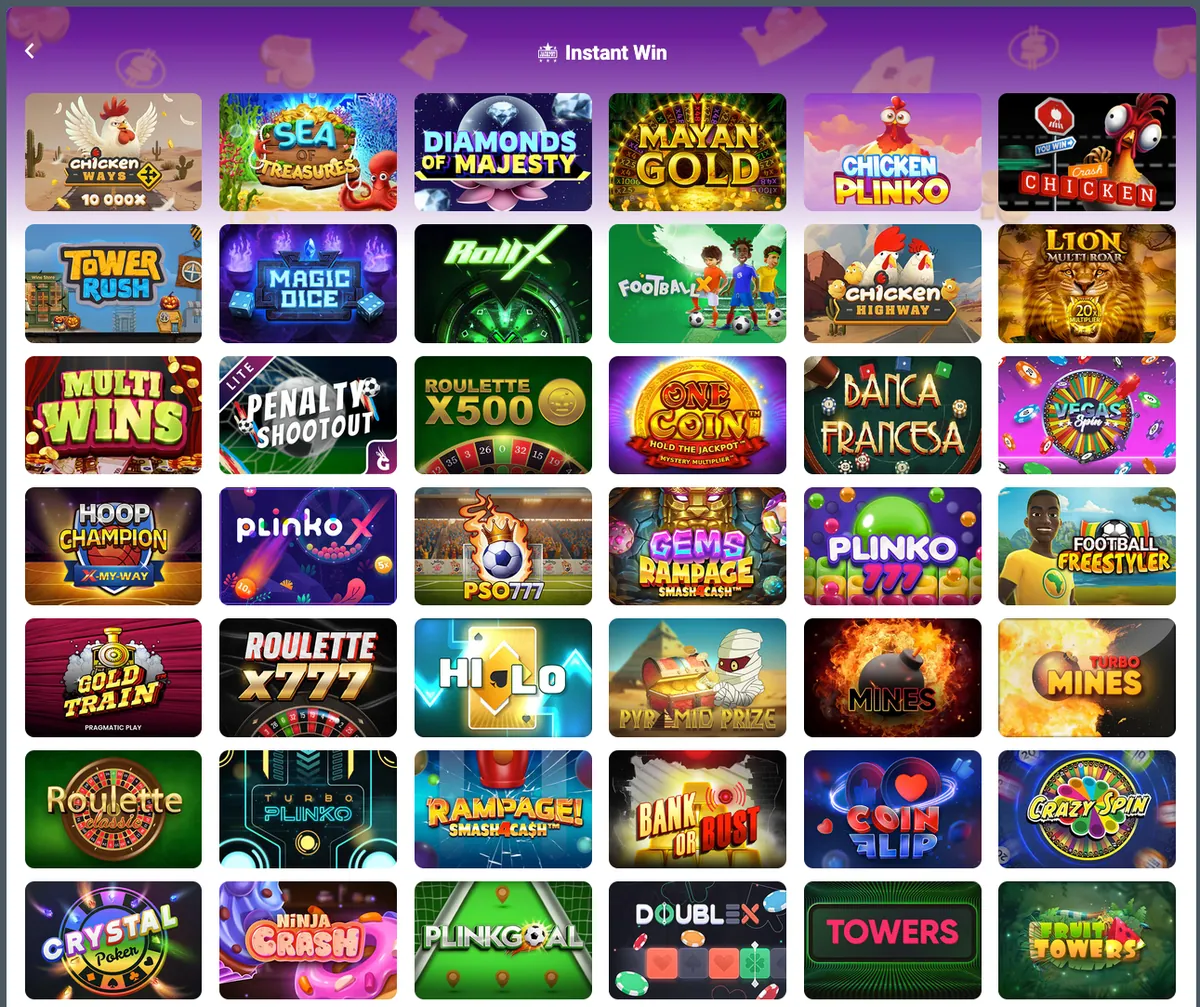 Rubrique Instant Win : Plinko, Mines, Hi-Lo, Coin Flip et jeux à gain instantané