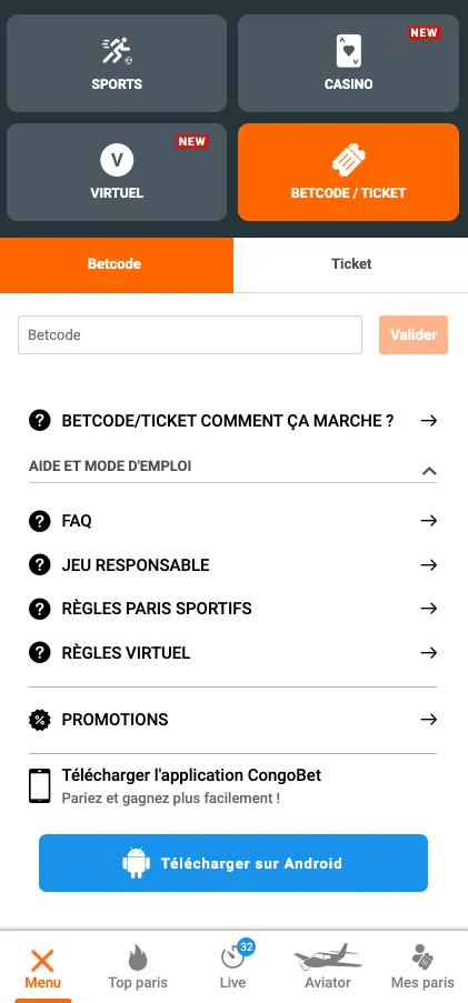 Coupon de pari et code de pari dans l'application mobile Congo Bet