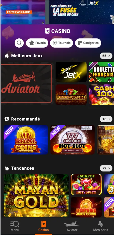 Lobby du casino en ligne sur mobile avec les jeux de Congo Bet