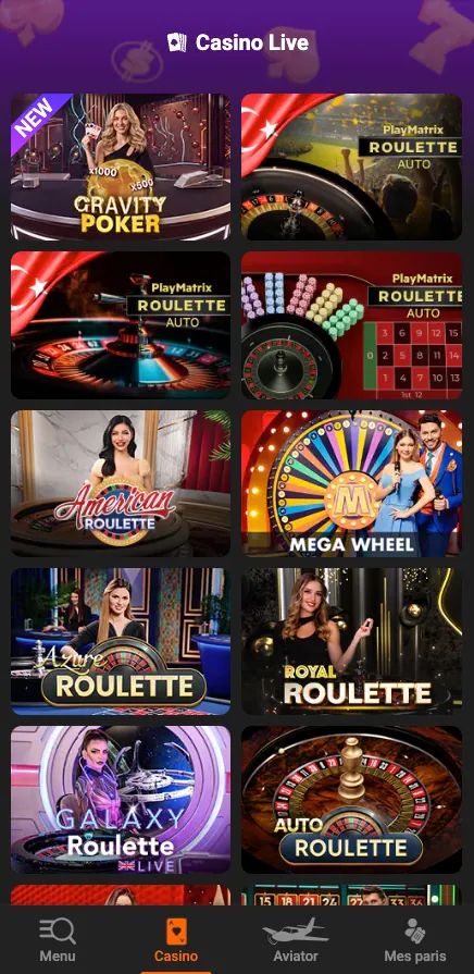 Section casino en direct sur l'application Congo Bet