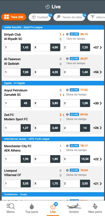 Écran des paris sportifs en direct dans l'application Congo Bet