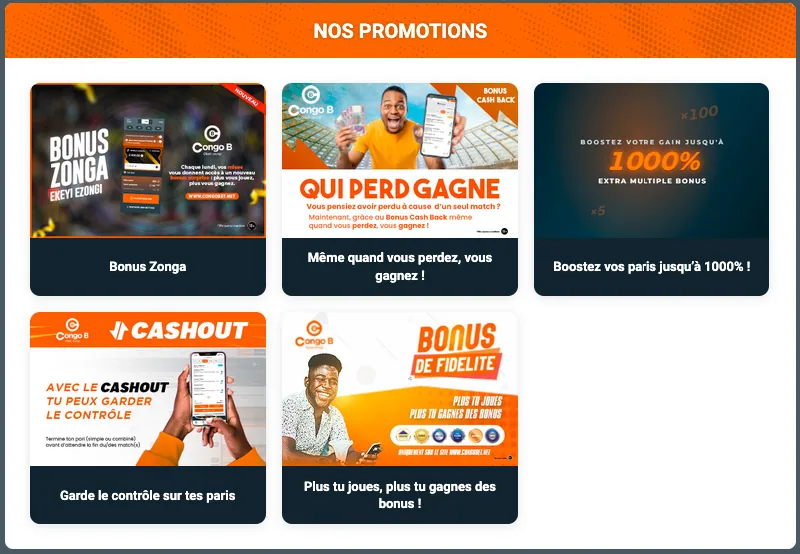 Page Nos promotions de Congo Bet : Bonus Zonga, Qui perd gagne, boost jusqu'à 1000 %, Cashout et Bonus de fidélité