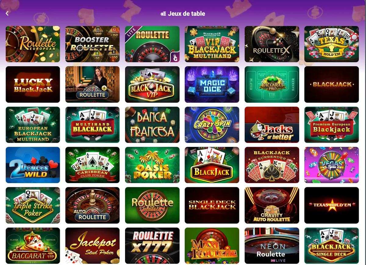 Rubrique Jeux de table avec roulette européenne, blackjack, baccarat et poker