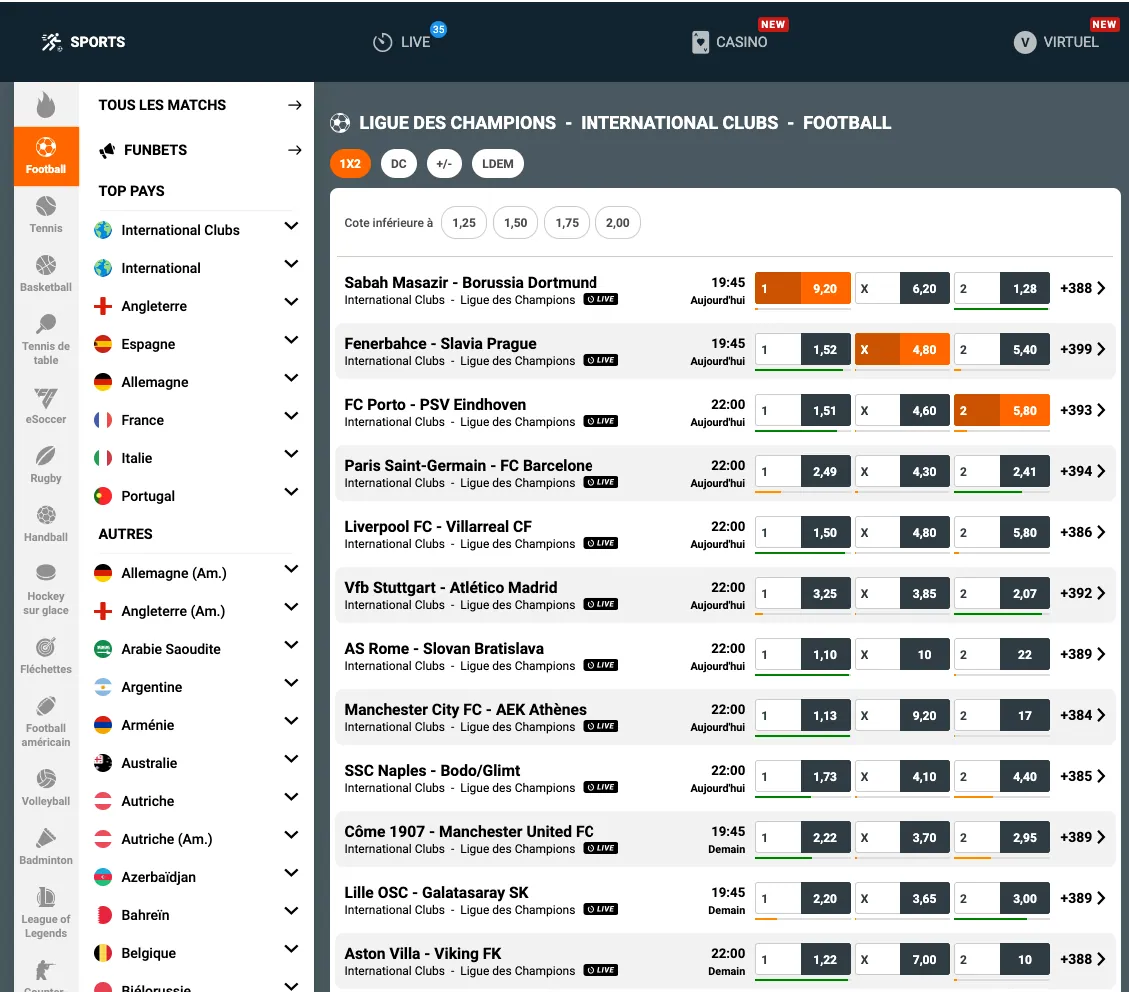 Menu Sports de Congo Bet avec la liste des disciplines et les matchs de Ligue des Champions avec leurs cotes 1X2