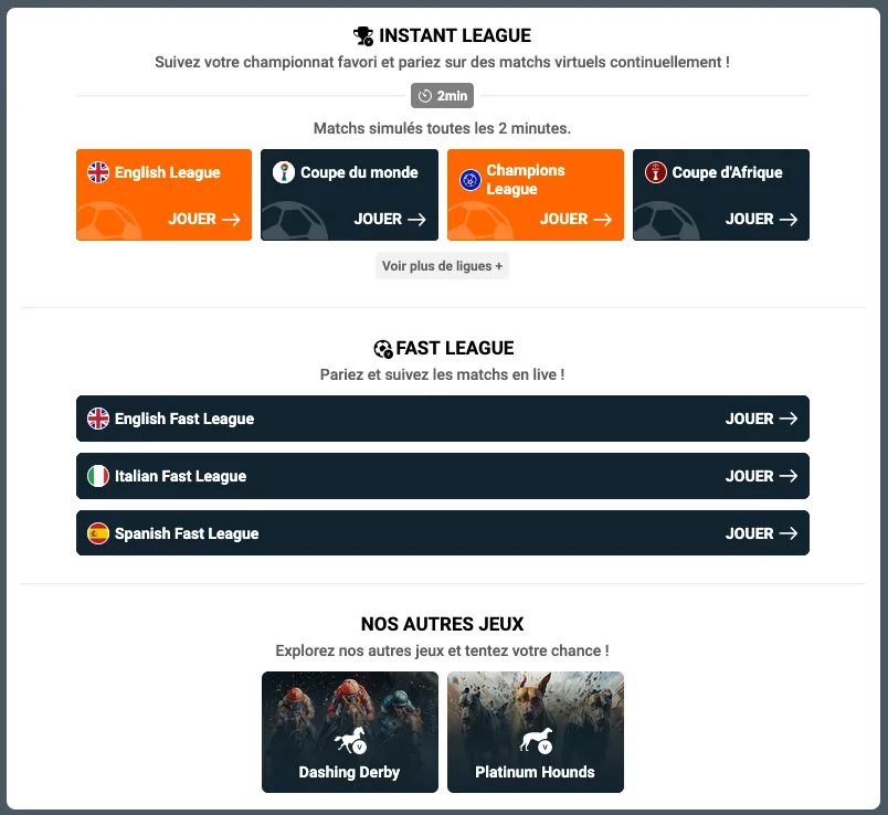 Section Virtuel de Congo Bet avec Instant League, Fast League et courses virtuelles